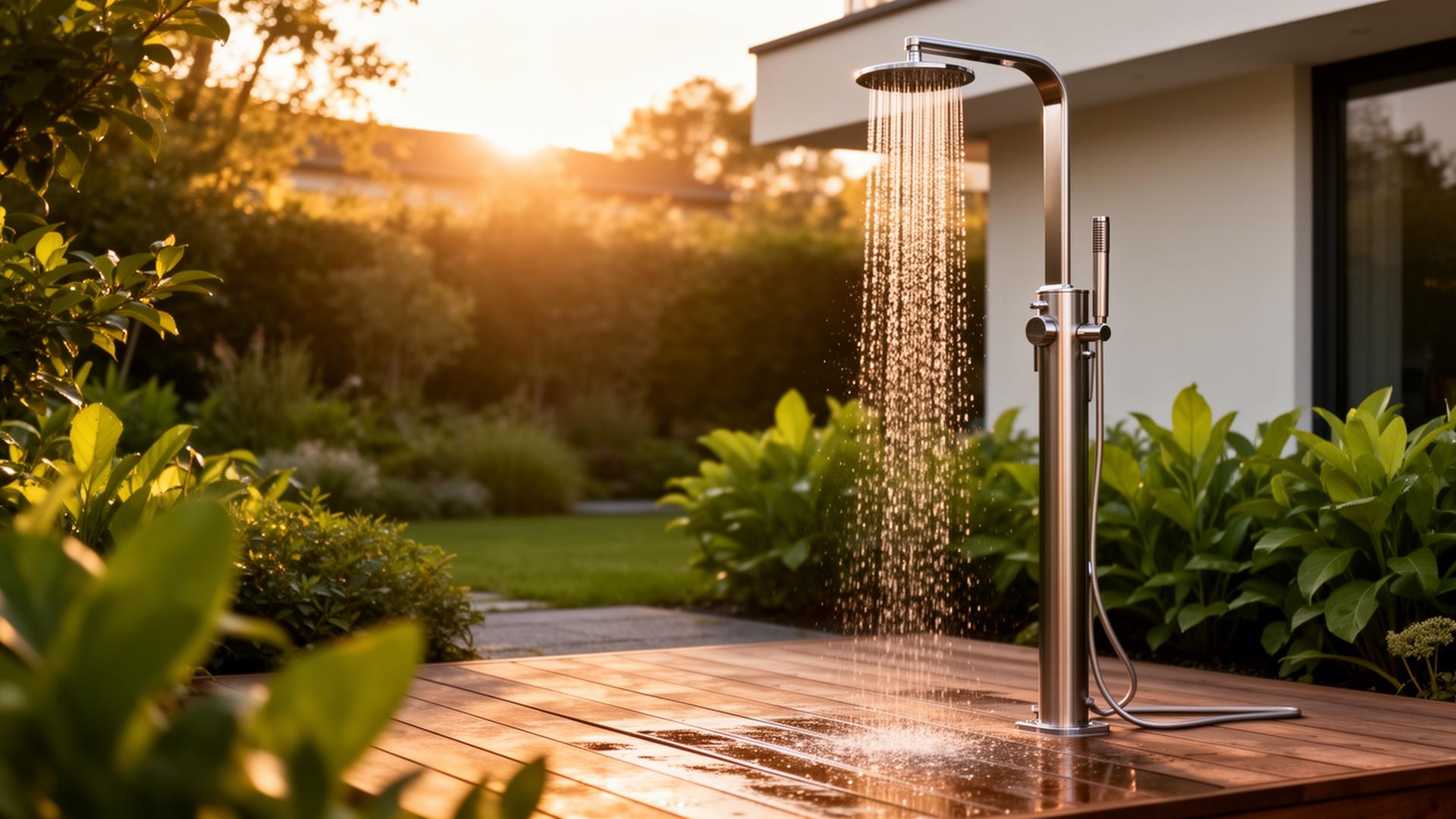 Premium Edelstahl-Gartendusche im Sonnenuntergang